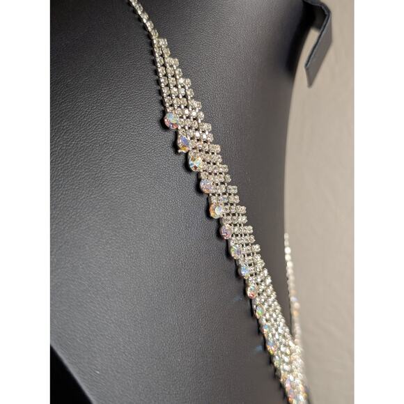 Rhinestone AB Crystal Fringe Dangle Silver Tone 17"-18" Necklace - Picture 4 of 10